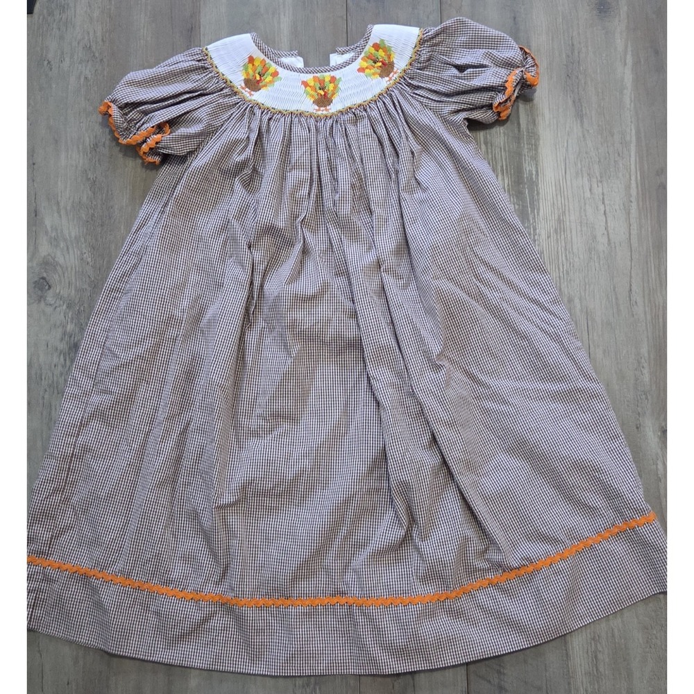Candyland Brown Gingham Smocked Thanksgiving Turkey Fall Dress Girls Size 5